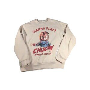 Chucky SweatShirt Womens S Beige Crewneck Wanna Play? Universal Studio Good Guy